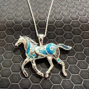 Horse Necklace Turquoise and Silver 18K White Gold Plated